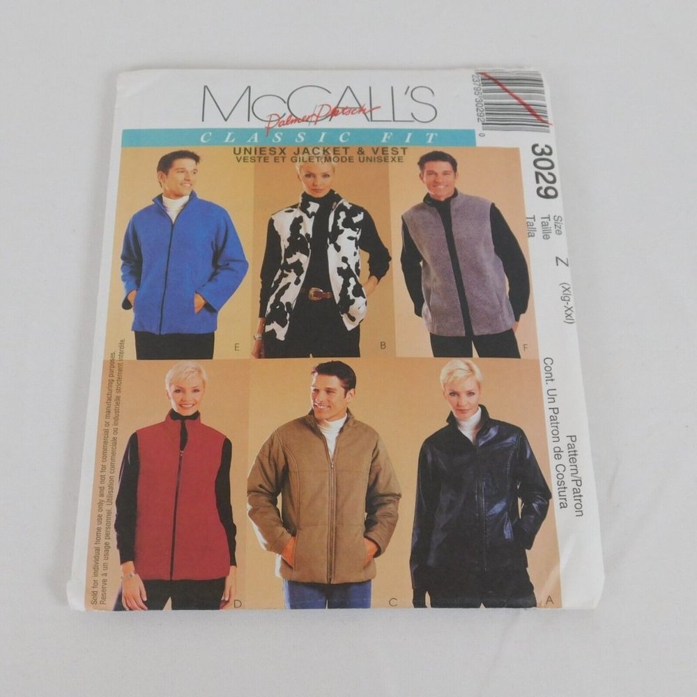 McCalls 3029 Sewing Pattern Unisex Men Women Jacket Vest Size XL XXL Uncut Vtg